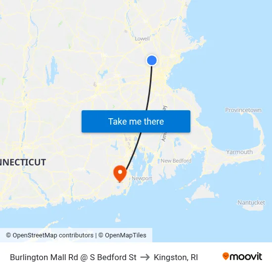 Burlington Mall Rd @ S Bedford St to Kingston, RI map