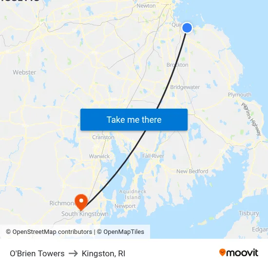 O'Brien Towers to Kingston, RI map