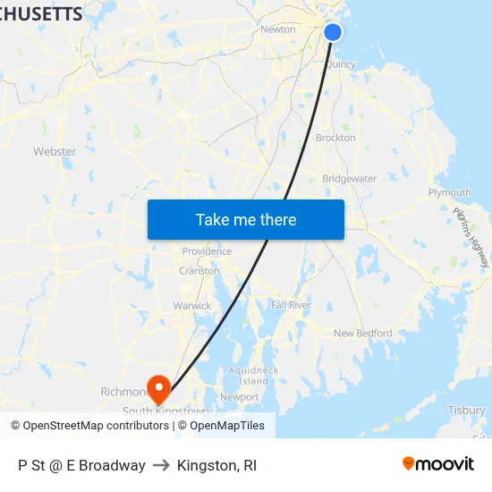 P St @ E Broadway to Kingston, RI map