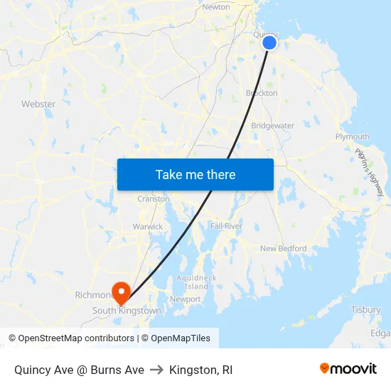 Quincy Ave @ Burns Ave to Kingston, RI map