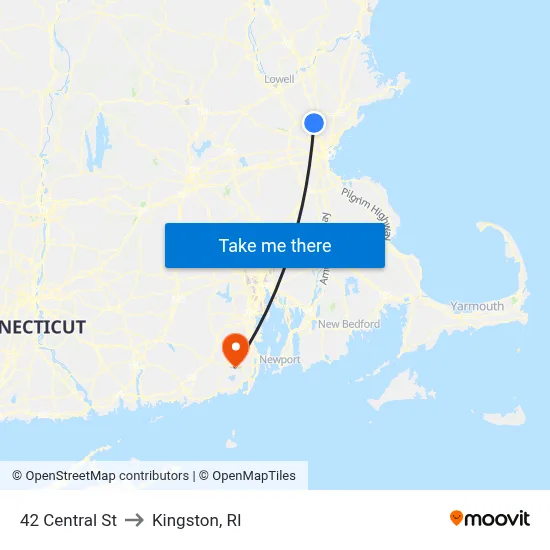 42 Central St to Kingston, RI map