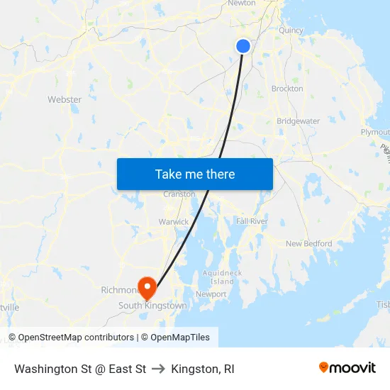 Washington St @ East St to Kingston, RI map