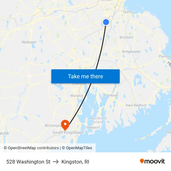528 Washington St to Kingston, RI map