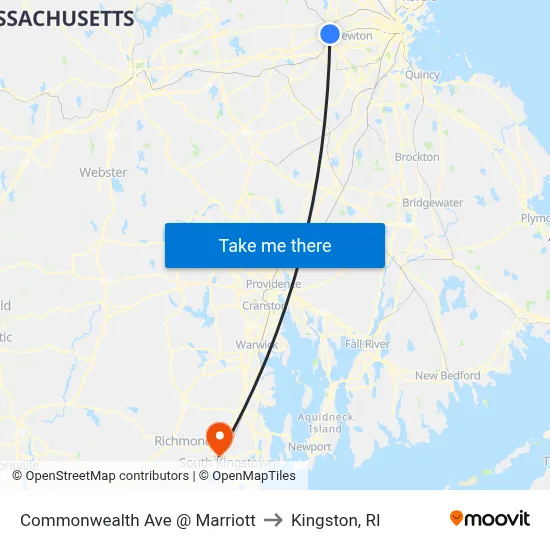 Commonwealth Ave @ Marriott to Kingston, RI map