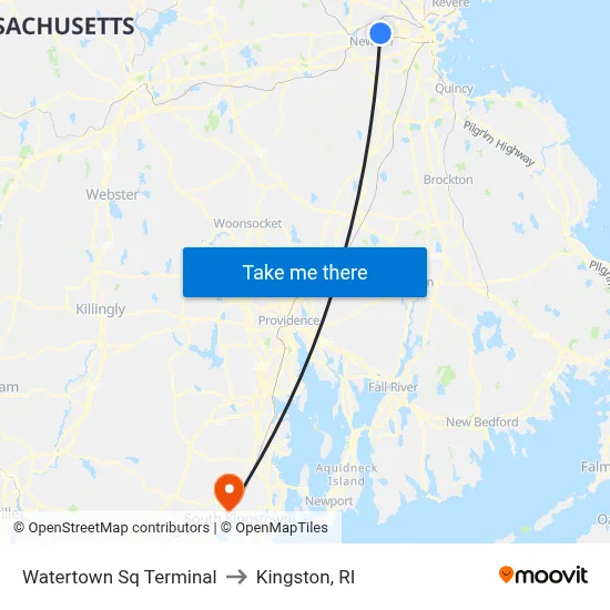 Watertown Sq Terminal to Kingston, RI map