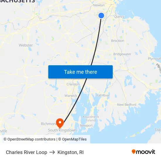 Charles River Loop to Kingston, RI map