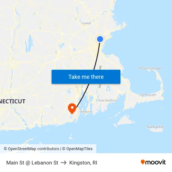Main St @ Lebanon St to Kingston, RI map