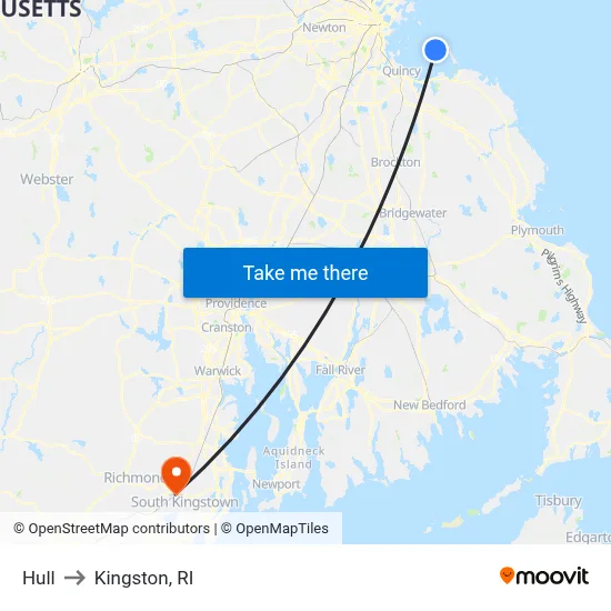 Hull to Kingston, RI map