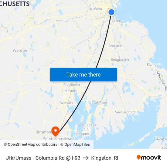 Jfk/Umass - Columbia Rd @ I-93 to Kingston, RI map