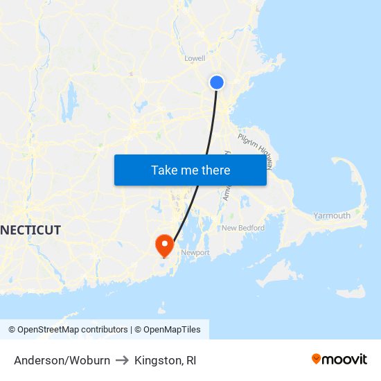 Anderson/Woburn to Kingston, RI map