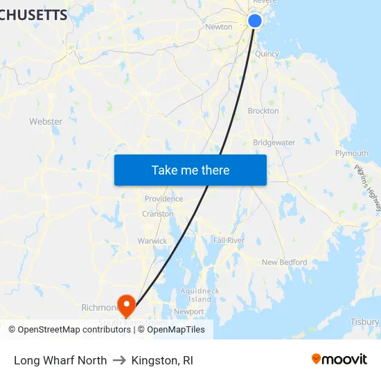 Long Wharf North to Kingston, RI map