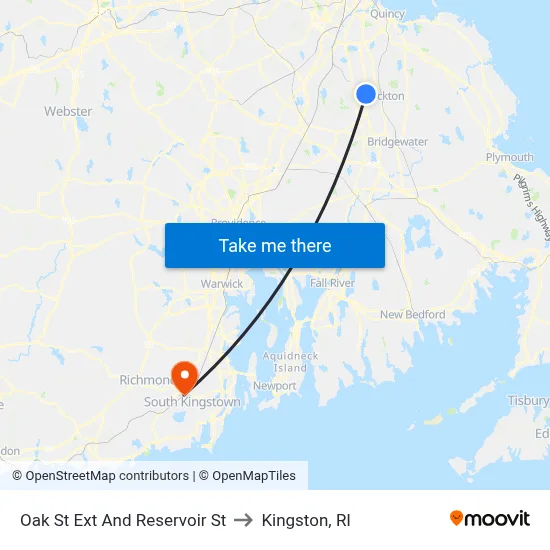 Oak St Ext And Reservoir St to Kingston, RI map