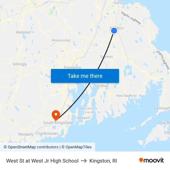 West St at West Jr High School to Kingston, RI map