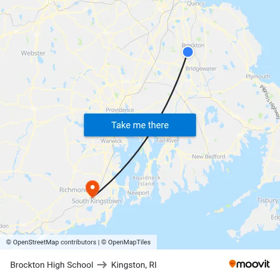 Brockton High School to Kingston, RI map
