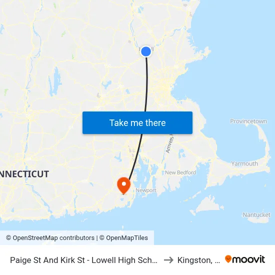 Paige St And Kirk St - Lowell High School to Kingston, RI map