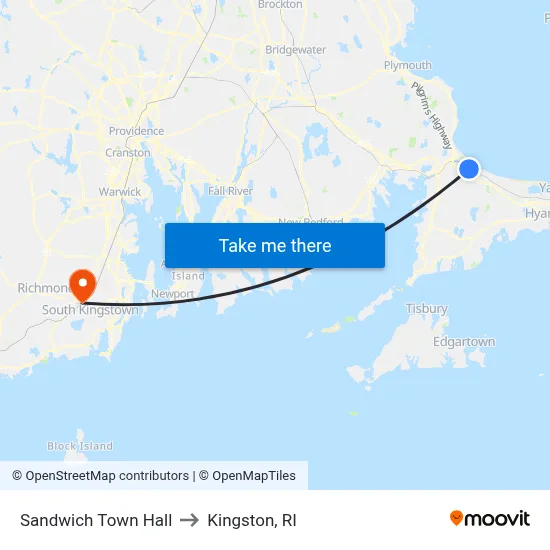Sandwich Town Hall to Kingston, RI map