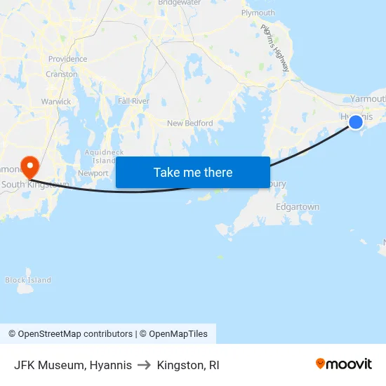 JFK Museum, Hyannis to Kingston, RI map