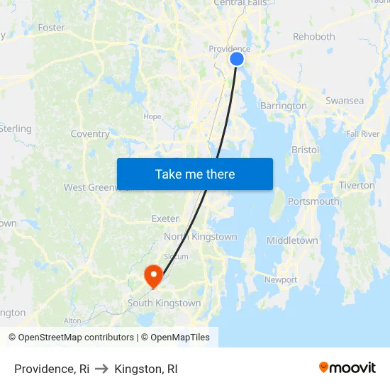 Providence, Ri to Kingston, RI map