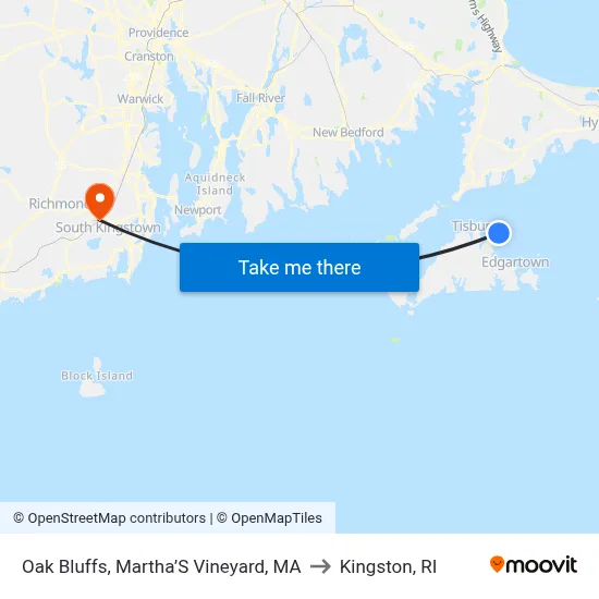 Oak Bluffs, Martha’S Vineyard, MA to Kingston, RI map