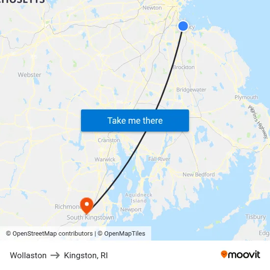 Wollaston to Kingston, RI map