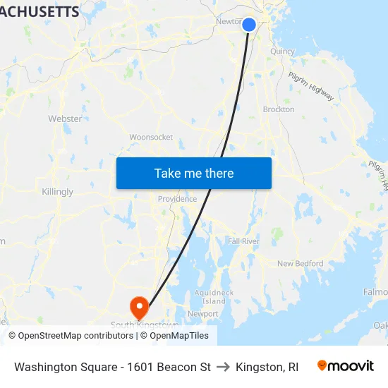 Washington Square - 1601 Beacon St to Kingston, RI map