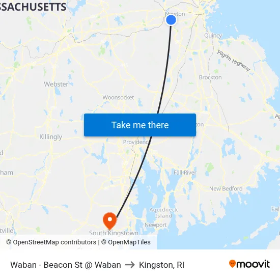 Waban - Beacon St @ Waban to Kingston, RI map