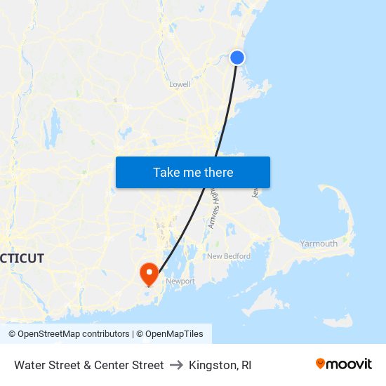Water Street & Center Street to Kingston, RI map