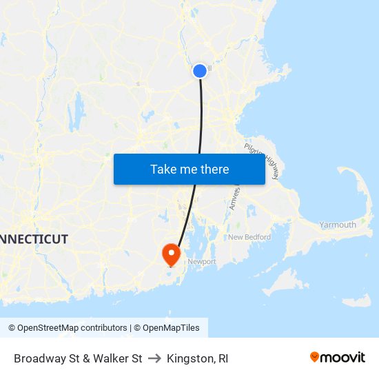 Broadway St & Walker St to Kingston, RI map