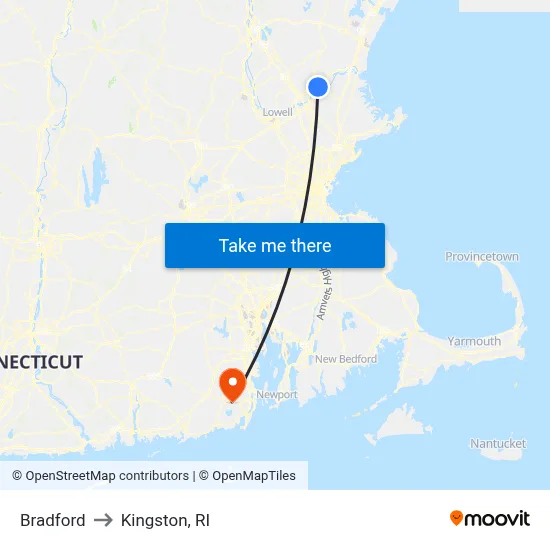 Bradford to Kingston, RI map