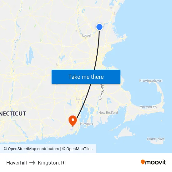 Haverhill to Kingston, RI map