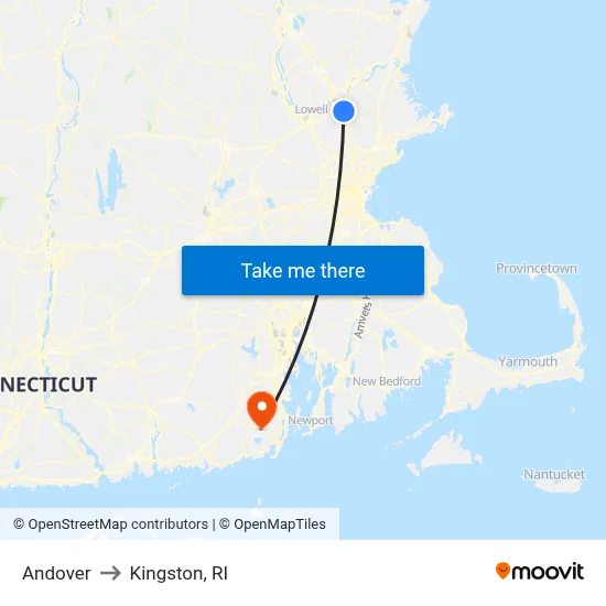 Andover to Kingston, RI map