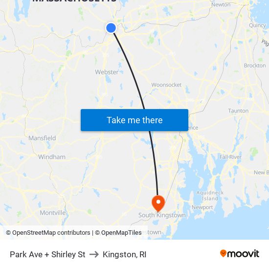 Park Ave + Shirley St to Kingston, RI map
