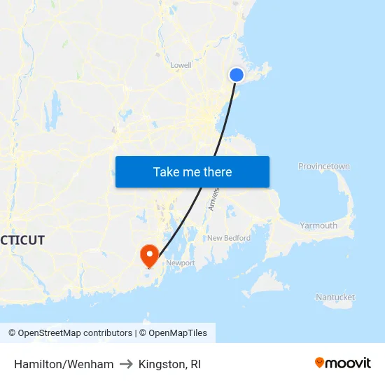 Hamilton/Wenham to Kingston, RI map