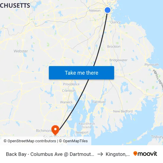 Back Bay - Columbus Ave @ Dartmouth St to Kingston, RI map