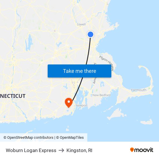 Woburn Logan Express to Kingston, RI map