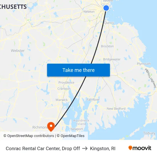 Conrac Rental Car Center, Drop Off to Kingston, RI map
