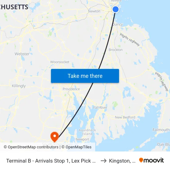 Terminal B - Arrivals Stop 1, Lex Pick Up to Kingston, RI map