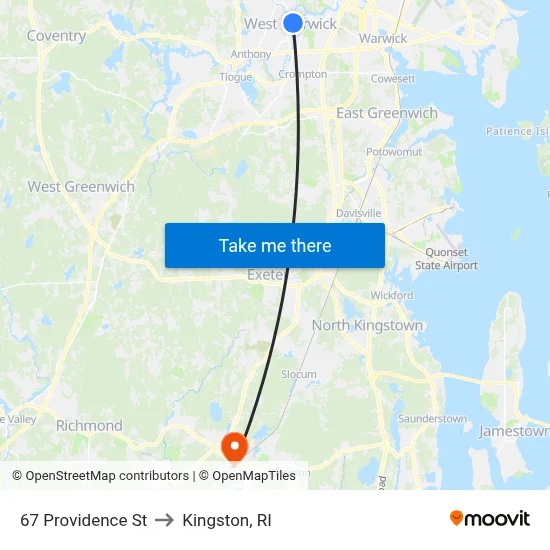 67 Providence St to Kingston, RI map
