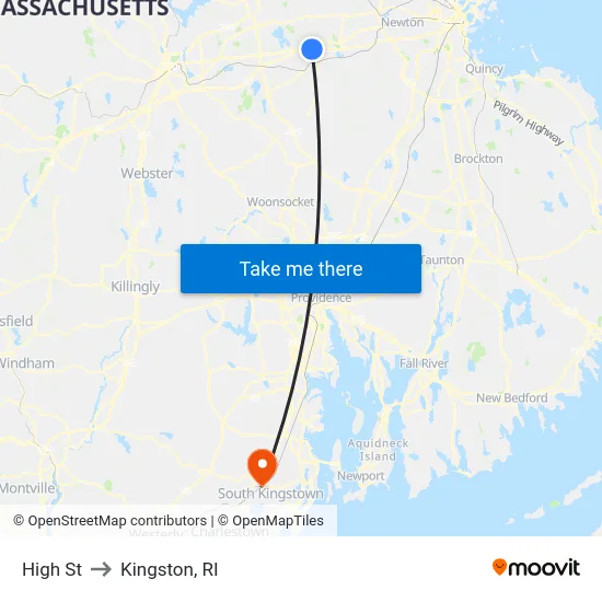 High St & Framingham State to Kingston, RI map