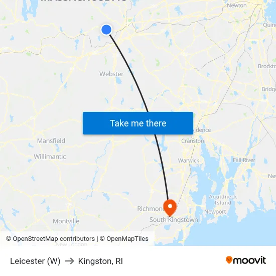 Leicester (W) to Kingston, RI map