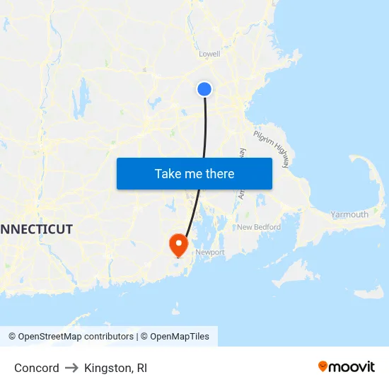 Concord to Kingston, RI map
