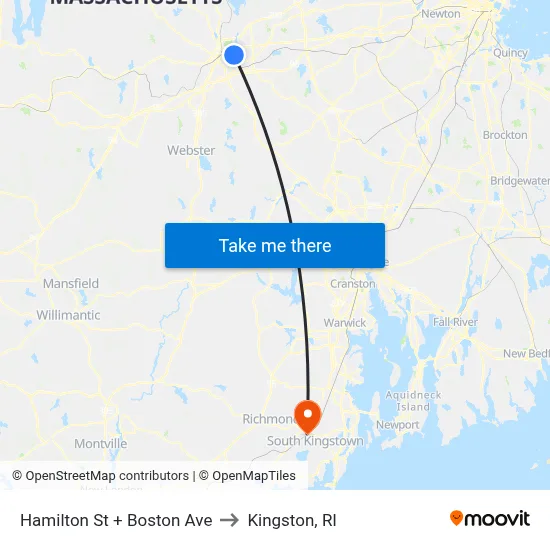 Hamilton St + Boston Ave to Kingston, RI map