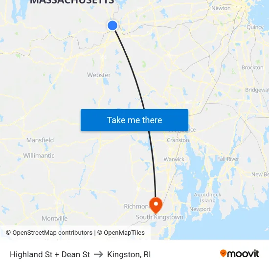 Highland St + Dean St to Kingston, RI map