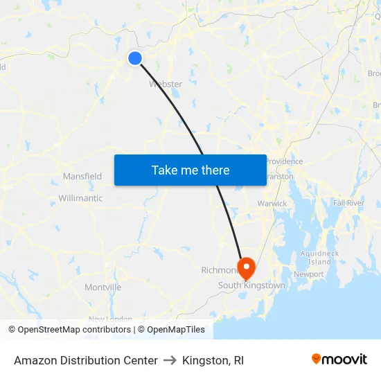 Amazon Distribution Center to Kingston, RI map