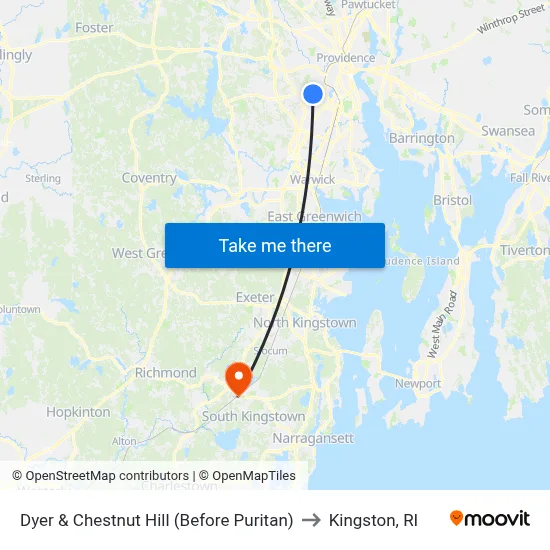 Dyer & Chestnut Hill (Before Puritan) to Kingston, RI map