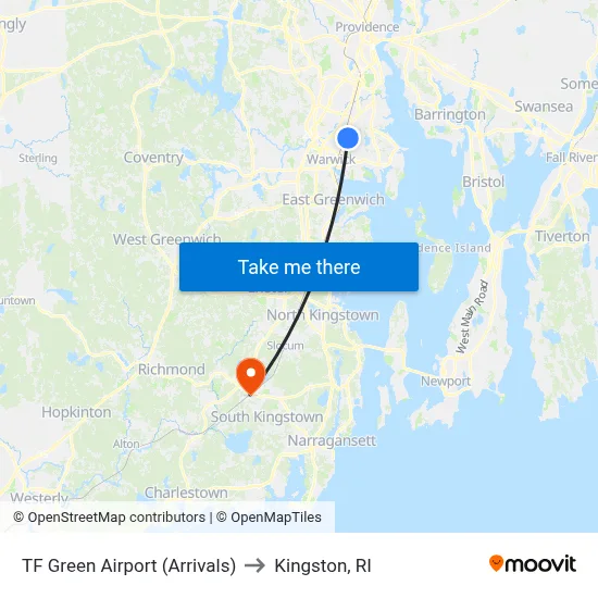 TF Green Airport (Arrivals) to Kingston, RI map
