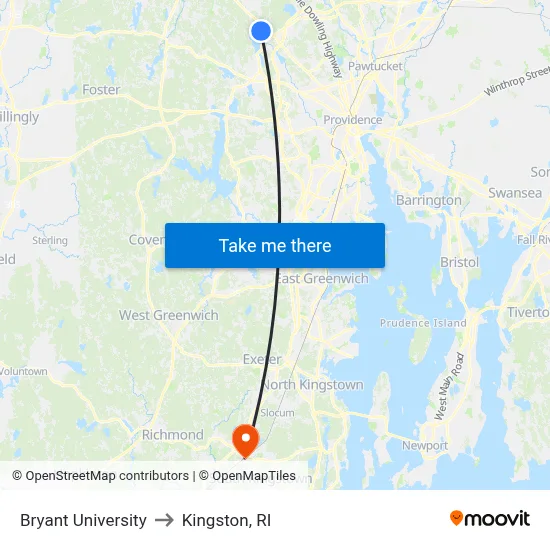 Bryant University to Kingston, RI map