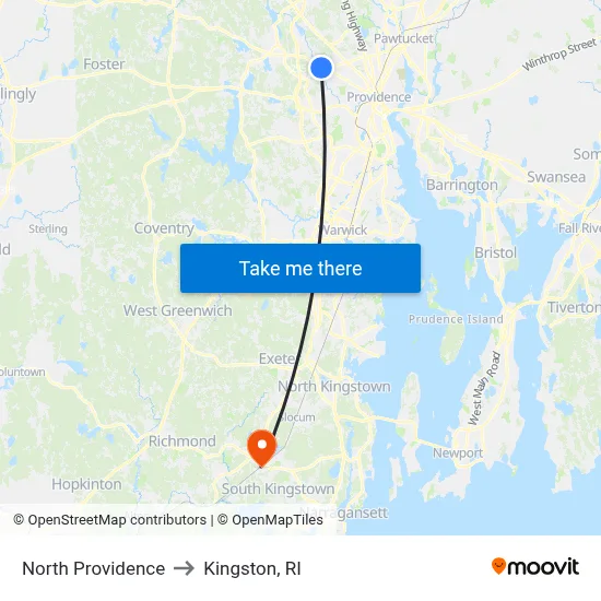 North Providence to Kingston, RI map