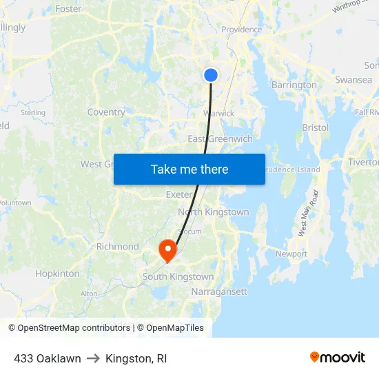 433 Oaklawn to Kingston, RI map