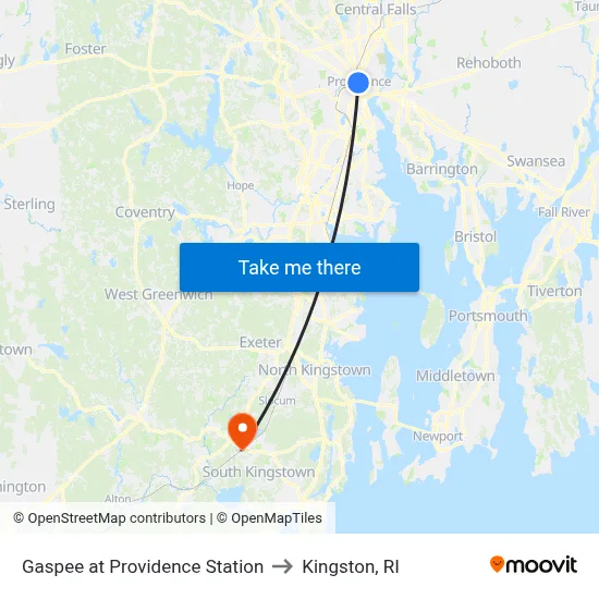 Gaspee at Providence Station to Kingston, RI map